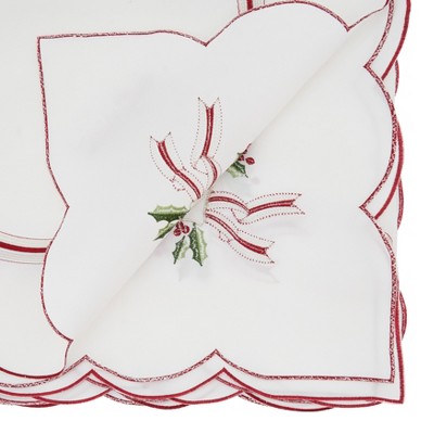 Ivory Embroidered Christmas Tablecloth with Holly and Ribbon Motifs