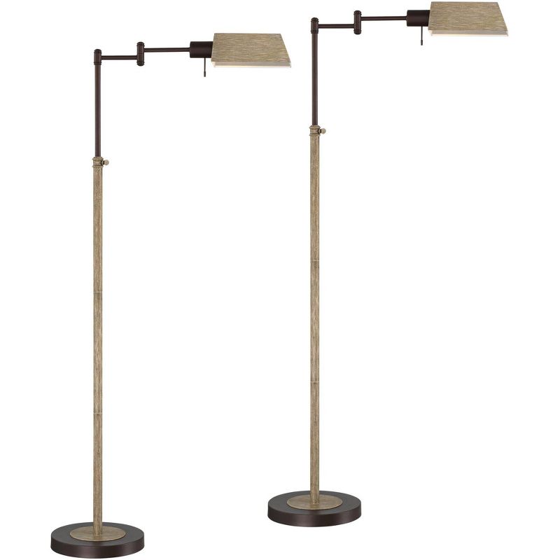 Regency Hill Jenson Farmhouse Rustic 54" Tall Standing Floor Lamps Set of 2 Lights Swing Arm Pharmacy Adjustable Metal Bronze and Faux Wood Finish, 1 of 10