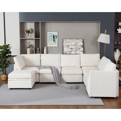 ODK Modular Sectional Sofa, Comfy L-Shaped Convertible Sleeper Sofa Bed with Ottoman, Modern 6-Seater Sectional Couch for Living Room, Beige