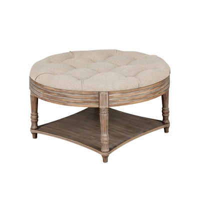 FURNIinspire Ottomans And Benches Large Round Waterproof Ottoman Coffee With Wooden Shelf Storage, Ottoman Linen, Beige, 31.49"*31.49"*18.50"