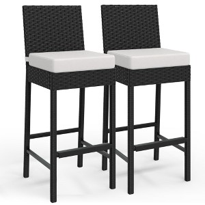 Wicker Woven Outdoor Bar Stools Set, Rattan Patio Stools & Patio Armless Bar Chairs, Outdoor Bar Height Chair With Soft Seat Cushion - 1 of 4