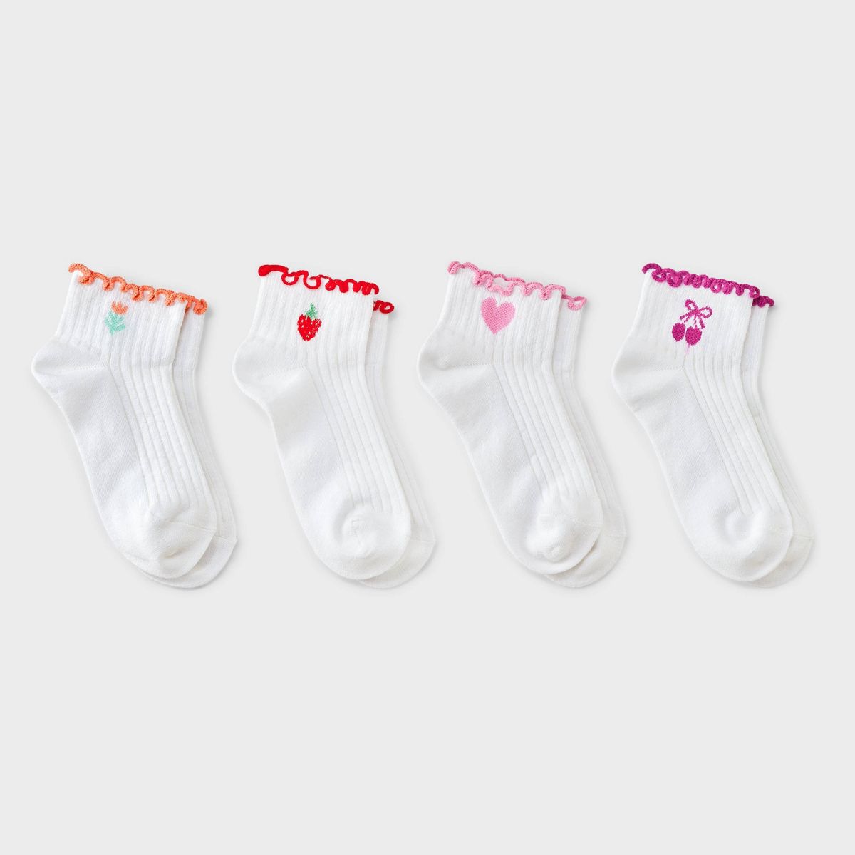 Girls' 4pk Icons Lettuce Edge Ankle Socks - Cat & Jack™ White