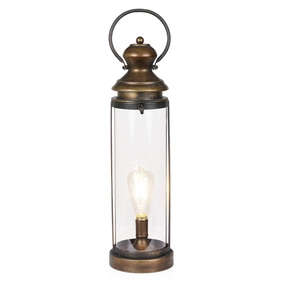 Alpine Corporation 21&#34; Battery Gold Metal and Glass LED Indoor Outdoor Decorative Lantern Off-White: Iron Craftsmanship, 1-Year Warranty