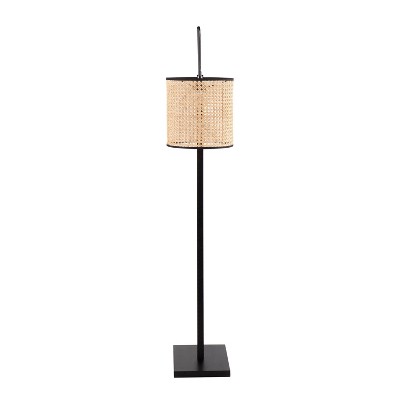Arturo Black Wood and Steel Floor Lamp with Rattan Shade