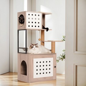 Cat Tree with Litter Box Enclosure, All-in-one Cat Tower for Indoor Cats with Large Hammock, Bed, Food Station, Scratching Posts, Gray - 1 of 4