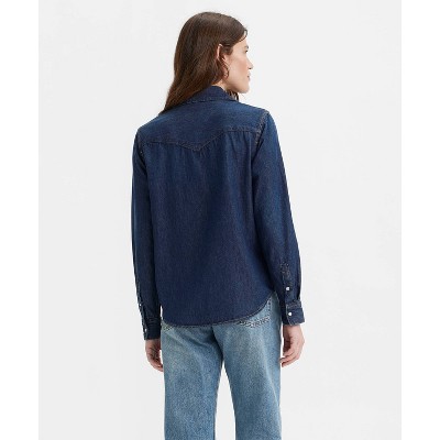 Women's Long Sleeve Collared Cropped Button-Down Shirt - Universal Thread™  Indigo XS