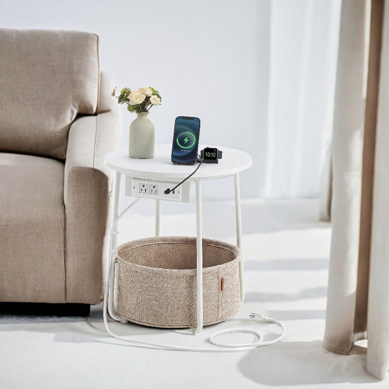 round side table with storage showing fabric basket detail and steel frame close-up