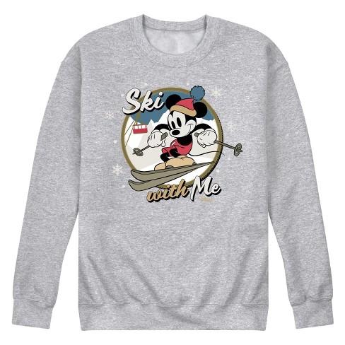 Men s Disney Ski With Me Mickey Graphic Fleece Sweatshirt Athletic Heather Small