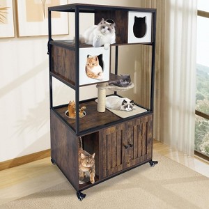 Cat Litter Box Enclosure, Hidden Litter Box Cabinet Furniture with Condo, Hammock, Scratching Mat and Post, Indoor Cat House with Storage Shelves - 1 of 4