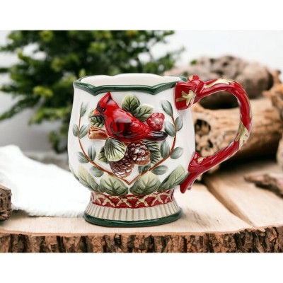 Holiday Red and Green Ceramic Cardinal Mugs Set of 4
