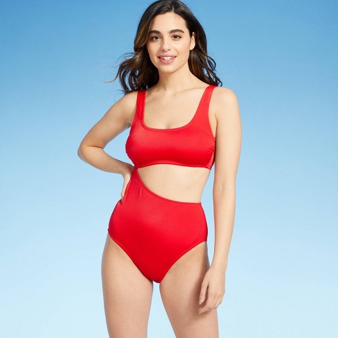 Women's Textured Ribbed Side Cut Out Medium Coverage One Piece Swimsuit - Kona Sol™ Lively Red