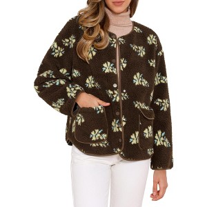 INSPIRE CHIC Women's Vintage Floral Print Winter Warm Long Sleeve Faux Shearling Collarless Button Down Fleece Jacket - 1 of 4