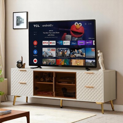 Modern Geometric TV Stand, 59.9" Media Console with Tempered Glass Doors, Deluxe Sculpted Aluminum Frame & 4 Drawers, Adjustable Metal Legs