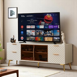 Modern Geometric TV Stand, 59.9" Media Console with Tempered Glass Doors, Deluxe Sculpted Aluminum Frame & 4 Drawers, Adjustable Metal Legs - 1 of 4
