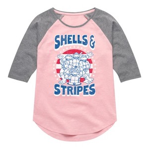 Girls' - Teenage Mutant Ninja Turtles - Shells And Stripes Shirt Tail Raglan Graphic T-shirt - 1 of 4