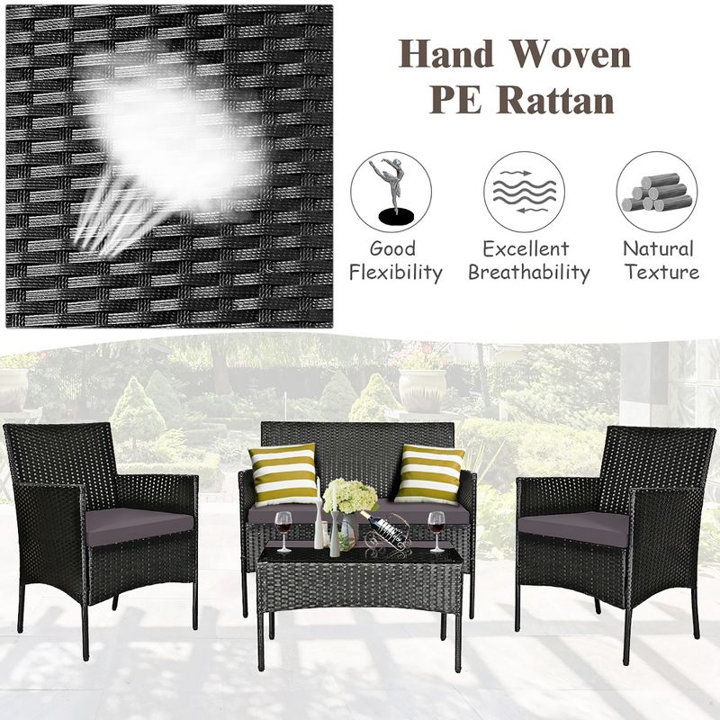 Tangkula 4PCS Outdoor Furniture Set Patio Rattan Conversation Set w/ Gray & Off White Cushion, 5 of 6