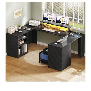 U Shaped Computer Desk With Power Outlet & LED Strip Gaming Desk With Drawers With Storage Shelves & Monitor Stand & Record Storage Display Shelf - 1 of 4
