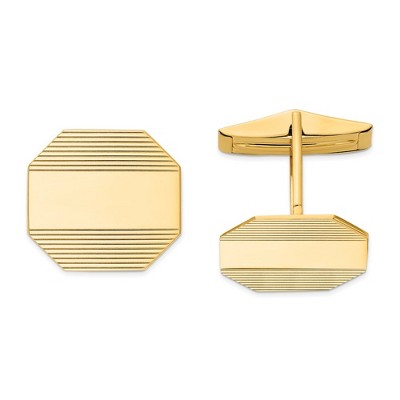 Black Bow Jewelry 14K Yellow Gold Rectangular Octagon Striped Cuff Links, 17 x 16mm