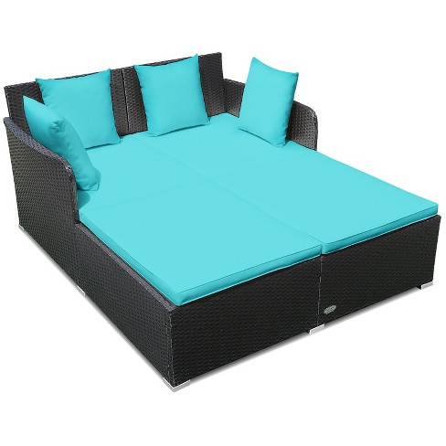 Outdoor Patio Rattan Daybed Thick Pillows Cushioned Sofa Furniture