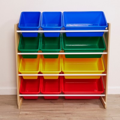 Natural Wood 4-Tier Organizer with Primary Color Bins