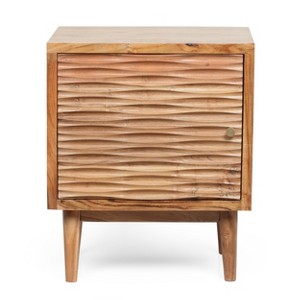 Vynxaria Bohemian 1-Door Bedside Nightstand Acacia Wood, Handcrafted Carved Texture, Tapered Legs, 20.00"W x 16.00"D x 24.00"H - 1 of 4