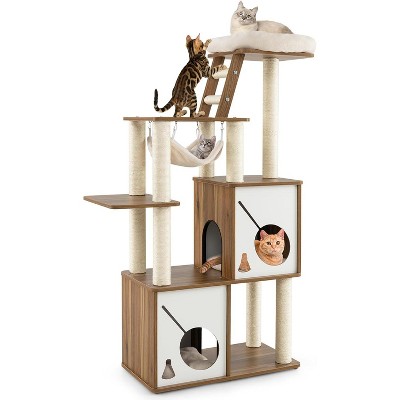Tangkula Modern Cat Tree 57" Wood Cat Tower with Sisal Scratching Posts Padded Top Perch 2 Cat Condos Hanging Hammock & Climbing Ladder
