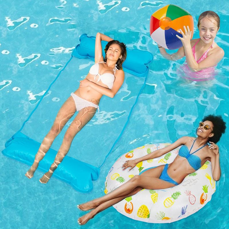 Whizmax 4PCS Inflatable Pool Floats-1pcsSwimming Pool Float Hammock,1pcsInflatable Swim Tube Ring and 2pcsBeach Balls, 1 of 6