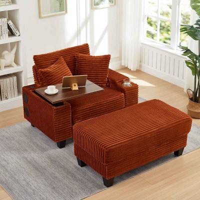 Single Seat Armrest Sofa with Ottoman, Sofa with Hidden Table and USB and Bluetooth Speaker, Corduroy Sofa with Wood Frame-Coolbibila