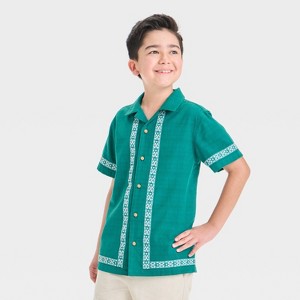Boys' Short Sleeve Novelty Trim Button-Down Shirt - Cat & Jack™ Green - 1 of 3