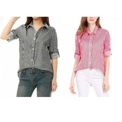 Allegra K Women's Striped Button Down Roll-up Long Sleeves Point Collar Shirt 2 Packs