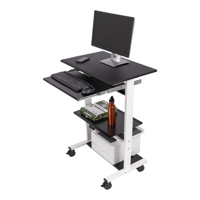 Stand Up Desk Store Mobile Rolling Adjustable Height Standing Workstation with Printer Shelf and Slideout Keyboard Tray