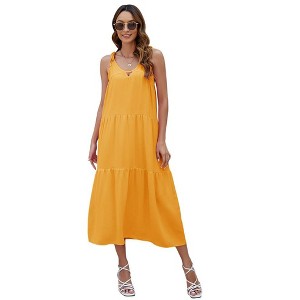 Spaghetti Strap Maxi Dresses for Women Loose Summer Casual Sundress V Neck Tiered Ruffle Beach Cami Long Dress - 1 of 4