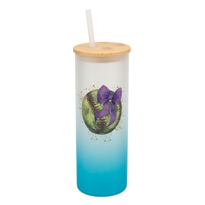 Elanze Designs 25 Ounce Frosted Glass Gradient Travel Tumbler With Straw and Wooden Lid, Softball With Purple Bow Sky Blue