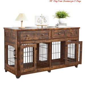 58 Inch Large Dog Crate Furniture - 2-Room Wooden Dog Kennel w/ Openable Divider, Crate TV Stand End Table w/Storage Drawers - 1 of 4