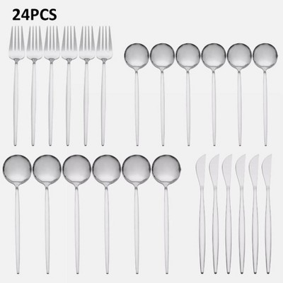 DOMETOUR 24Pcs Flatware for 6 People, Stainless Steel Cutlery Utensil Kitchen Silver