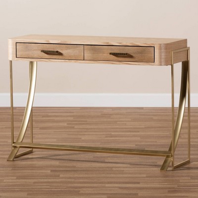 Light Brown and Gold Wood Metal Hallway Table with Storage