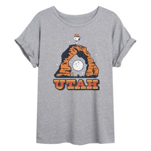 Women's - Peanuts - Snoopy Woodstock Beagle Scout Utah Arch Oversized Graphic T-Shirt - 1 of 4