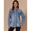 INSPIRE CHIC Women's Denim Oversized Frayed Hem Pockets Long Sleeve Button Down Jacket - 3 of 4