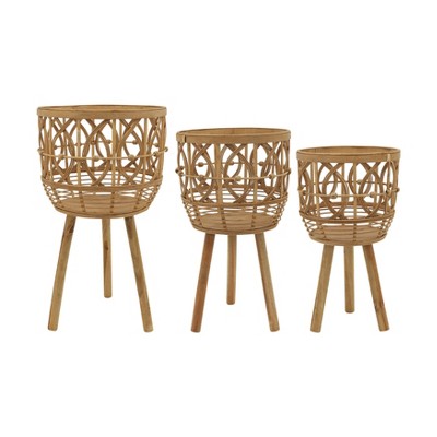 Set of 3 Wooden Planters with Stands - Handcrafted Bamboo & Plywood Plant Holders - Boho Indoor/Outdoor Home & Garden Decor - 20", 23", 26" Brown