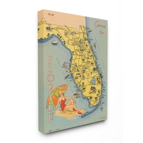 Stupell Industries Antique Florida Map Retro Beach Girl Postcard