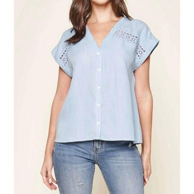 Women's Chambray Crochet Trim Top - SUGARLIPS