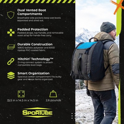 Sportube Traveler Boot Bag, 45L Ski & Snowboard Gear Backpack for Travel, Azure — фото 4