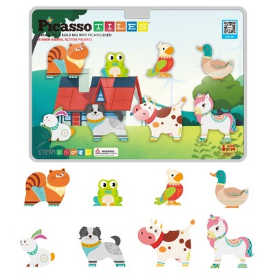 PICASSO-TILES 8 PC Farm Animal Character Theme Set Magnetic Tiles, Building Blocks, STEM Toys for Kids 3+