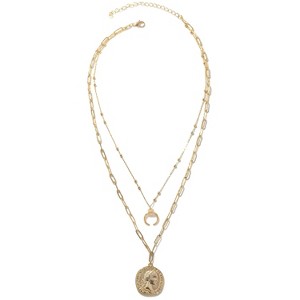 Slickblue Layered Chain Necklace, Coin Pendant With Horn Charm, Boho Festival Jewelry, Gold, 16"+3" - 1 of 3