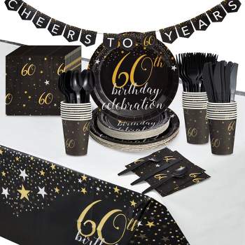 Blue Panda 170 Pieces 60th Birthday Party Supplies and Decorations, Serves 24 Black and Gold Paper Plates, Napkins, Cups, Cutlery, Banner, Tablecloth