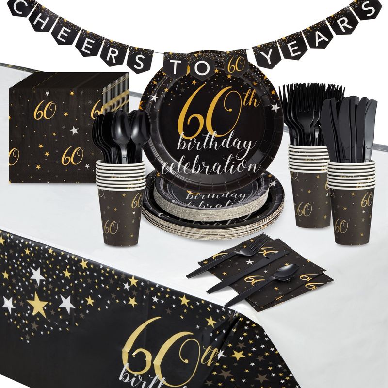 Blue Panda 170 Pieces 60th Birthday Party Supplies and Decorations, Serves 24 Black and Gold Paper Plates, Napkins, Cups, Cutlery, Banner, Tablecloth, 1 of 10