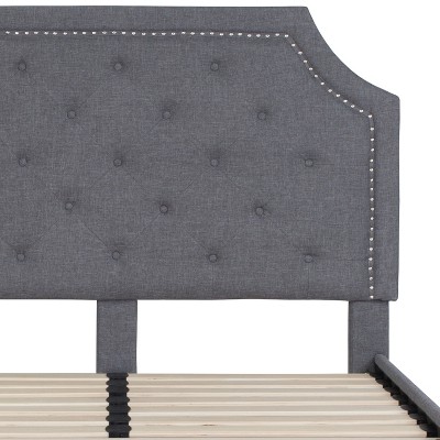 Elegant Full Double Light Gray Upholstered Bed with Tufted Headboard and Nailhead Trim