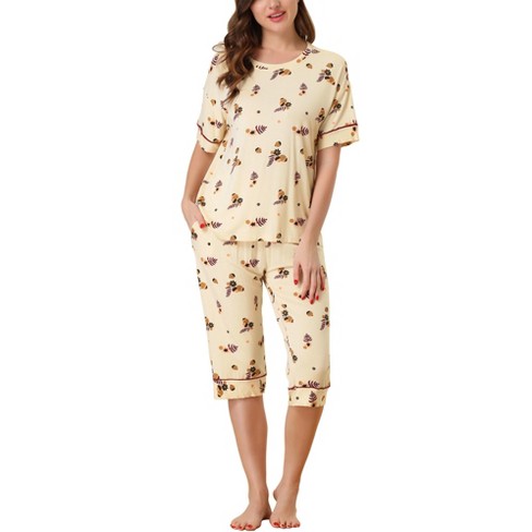 Cheibear Womens Pajama Sleepwear Button Down With Capri Pants