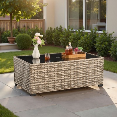 XIZZI Outdoor Coffee Table with Umbrella Base Insert, All-Weather Wicker Patio Table with Center Umbrella Hole, Rectangular Umbrella Table, Brown