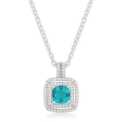 ShineHigh Aqua Halo Pendant – Princess Cut Blue Cubic Zirconia with Double Pave Border & Rhodium Plated Finish on Adjustable Chain